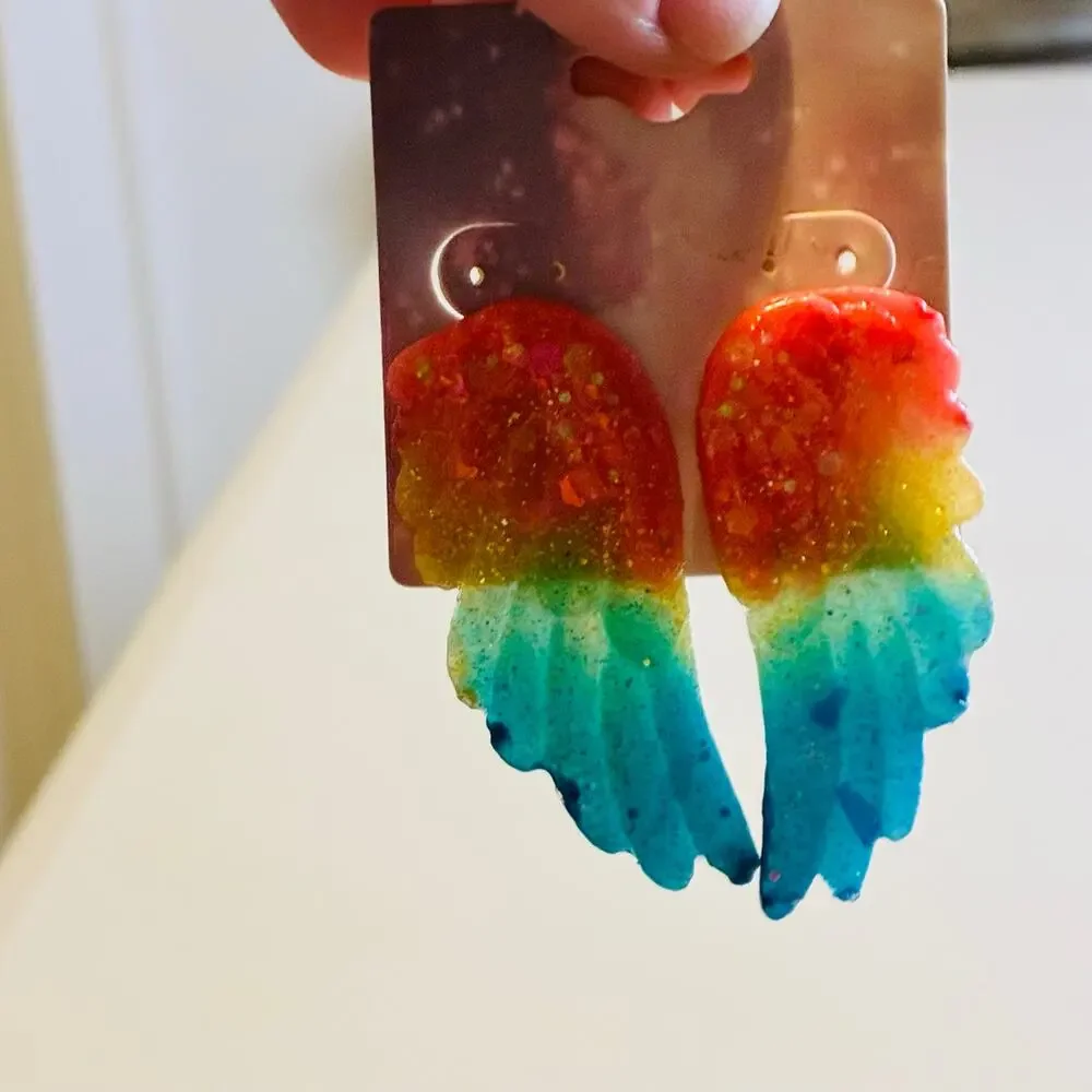 Rainbow Angel Wing Earrings Glitter Resin Statement Fairycore Pride Jewelry